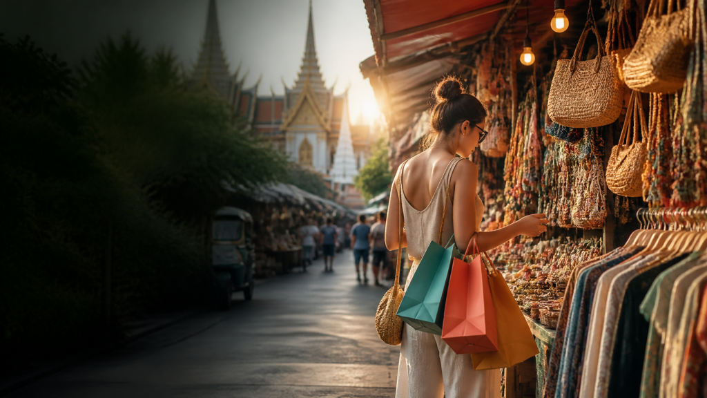 Traveller browsing colourful clothing and souvenirs at a Bangkok budget shopping market