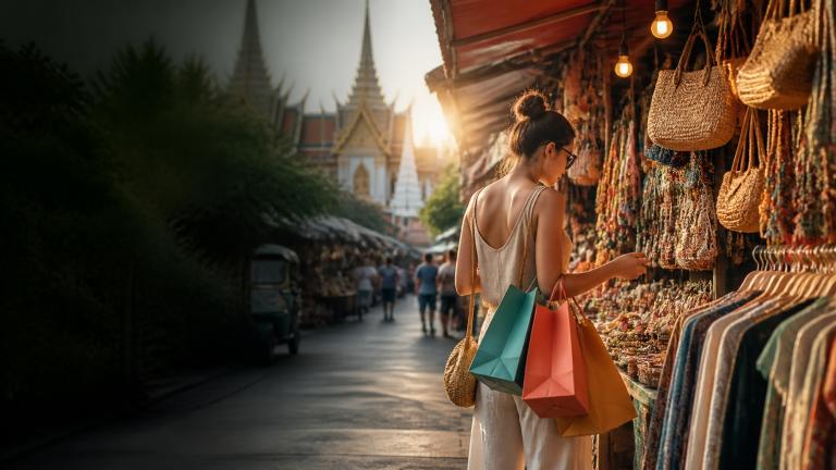 Traveller browsing colourful clothing and souvenirs at a Bangkok budget shopping market
