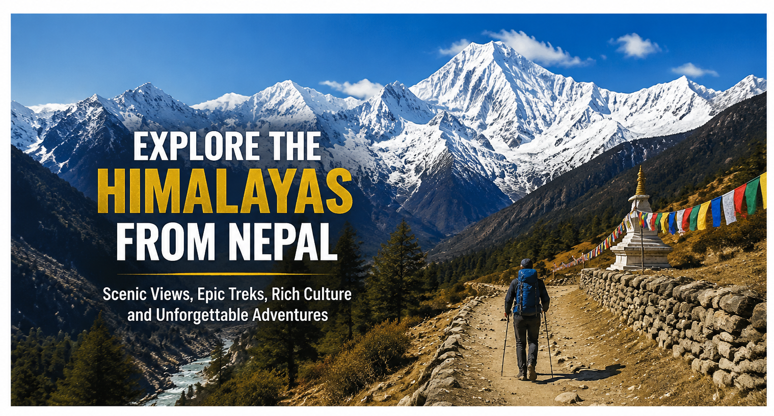 Snow covered Himalayan Mountains and trekking trails in Nepal