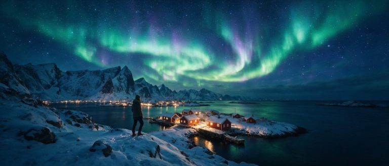 A traveler stands on a snowy cliff in the Lofoten Islands at night, with aurora borealis glowing over fishing cabins and dark water.