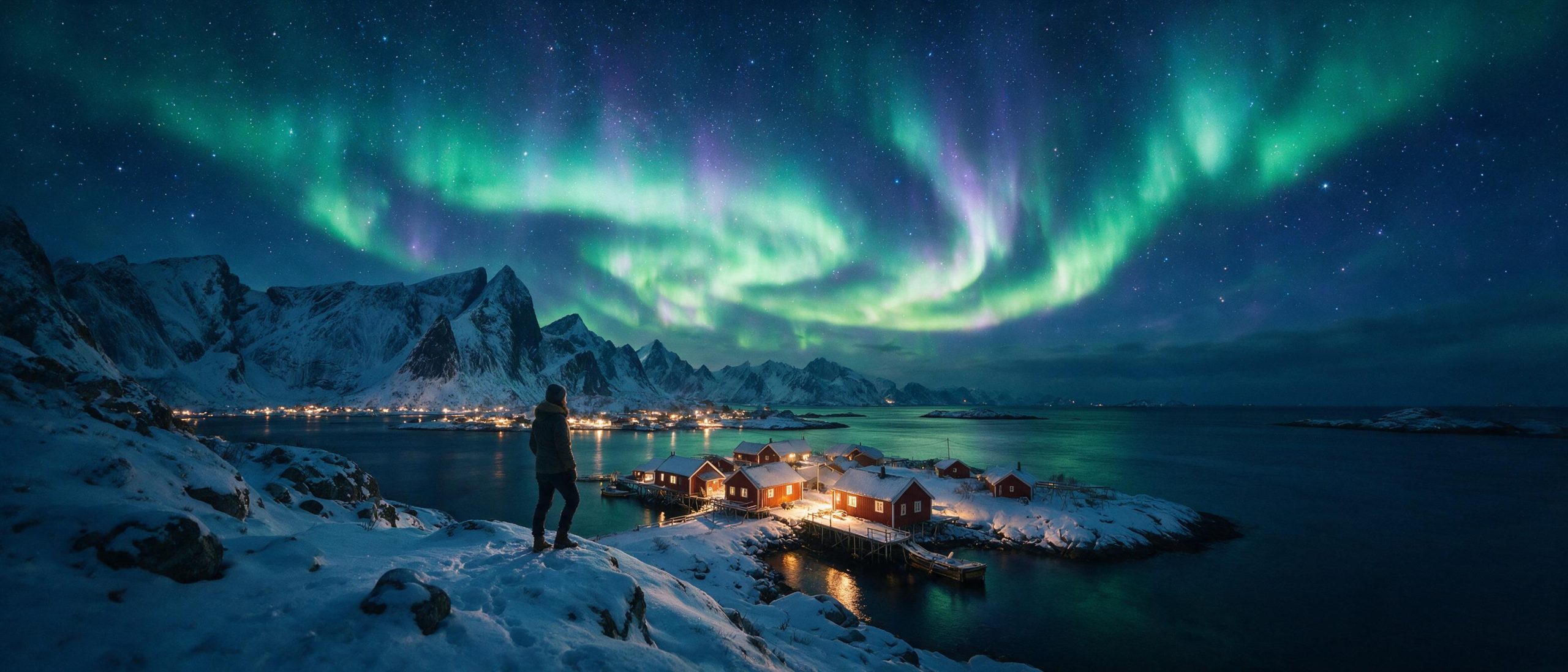 A traveler stands on a snowy cliff in the Lofoten Islands at night, with aurora borealis glowing over fishing cabins and dark water.