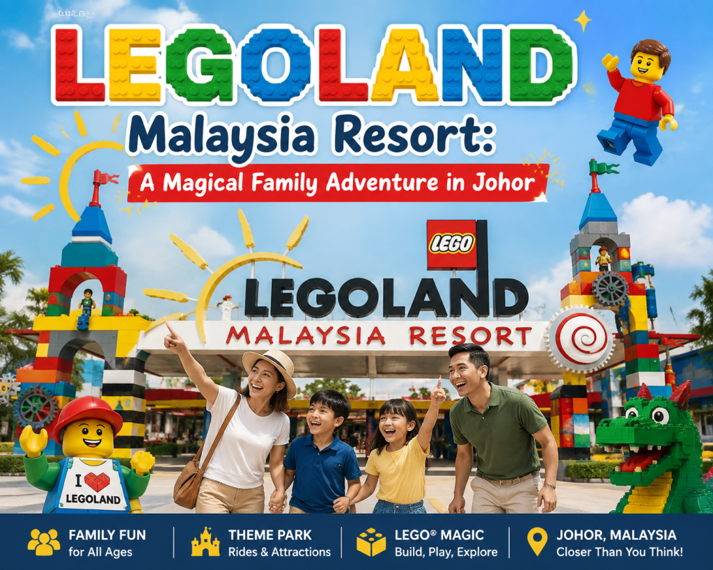 LEGOLAND Malaysia Resort entrance with a happy family, LEGO characters, and colorful attractions in Johor, Malaysia