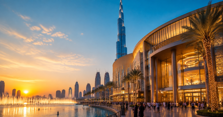 Dubai Mall with Burj Khalifa and Dubai Fountain in the background