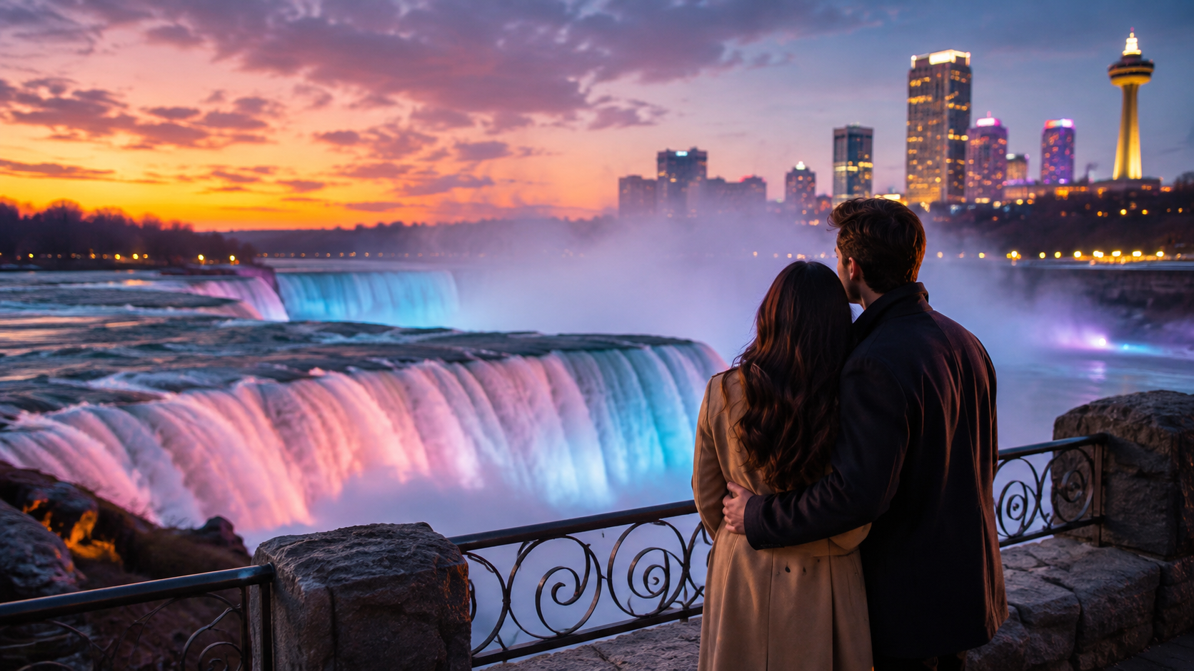 Couple enjoying a romantic evening overlooking the illuminated Niagara Falls at sunset.