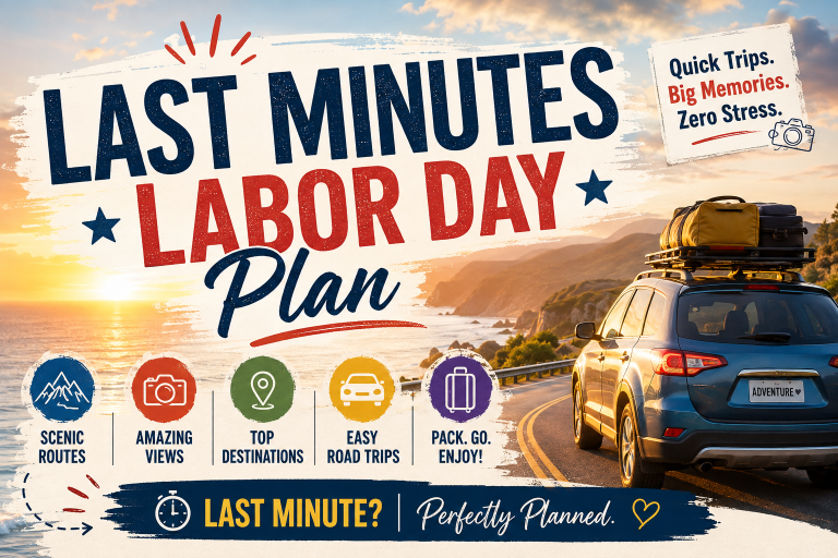 Last-minute Labor Day travel plan featuring a scenic coastal road, a packed SUV, sunset views, and travel icons for easy road trips.