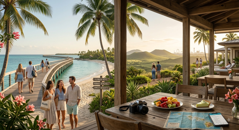 A sunny beach landscape with palm trees and ocean views, representing a warm winter travel destination in the USA.