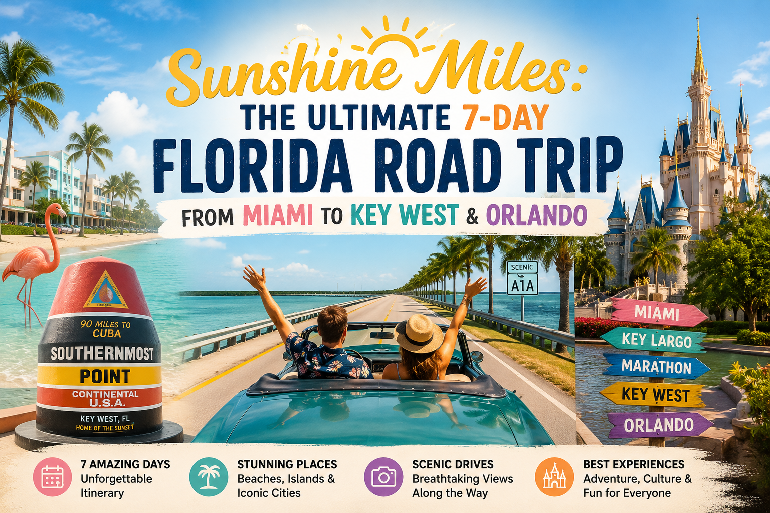 Florida road trip from Miami to Key West and Orlando featuring palm-lined highways, turquoise coastal water, the Overseas Highway and iconic Sunshine State scenery.