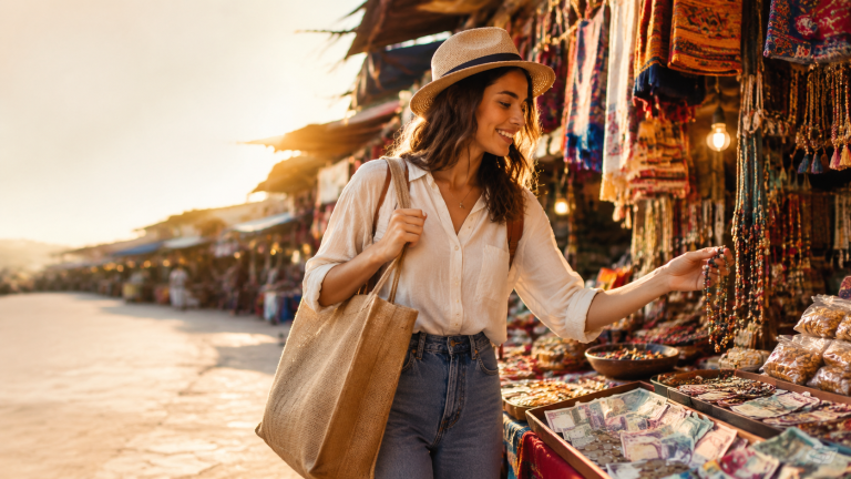 Traveler shopping at a colorful local market abroad