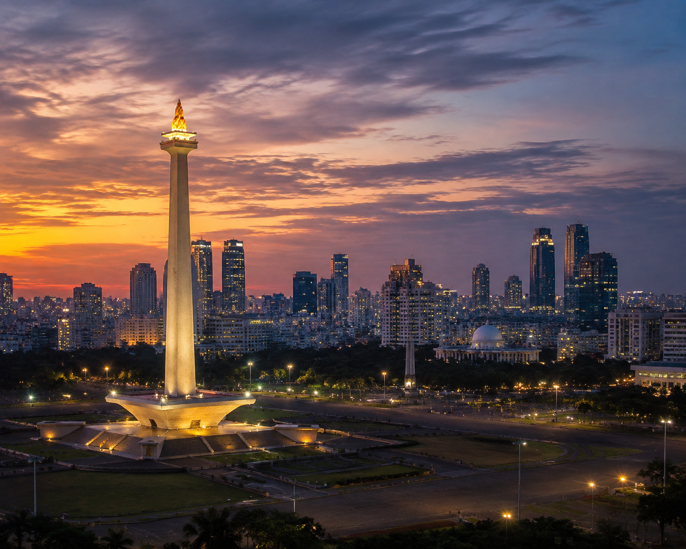 National Monument Monas tower in Jakarta Indonesia with modern city skyline and blue sky, top attraction for Jakarta travel guide visitors