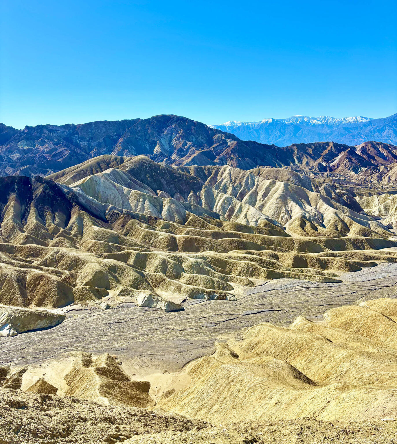 Panoramic view of rugged, multicolored desert badlands with deeply eroded hills and distant snow-capped mountains beneath a clear blue sky near Las Vegas.