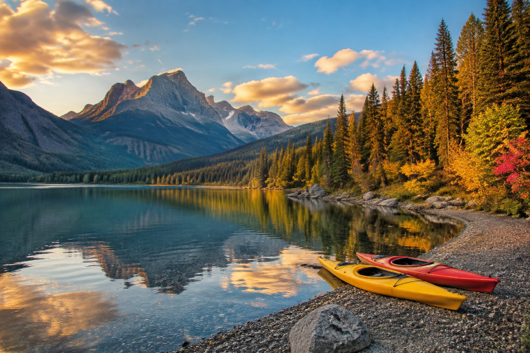 Calm mountain lake with kayaks and pine forest at golden hour, illustrating the best Labor Day weekend getaways in the USA for 2026.