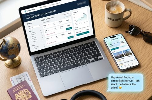 Laptop and phone showing AI travel apps comparing cheap flights and hotels beside a passport and globe