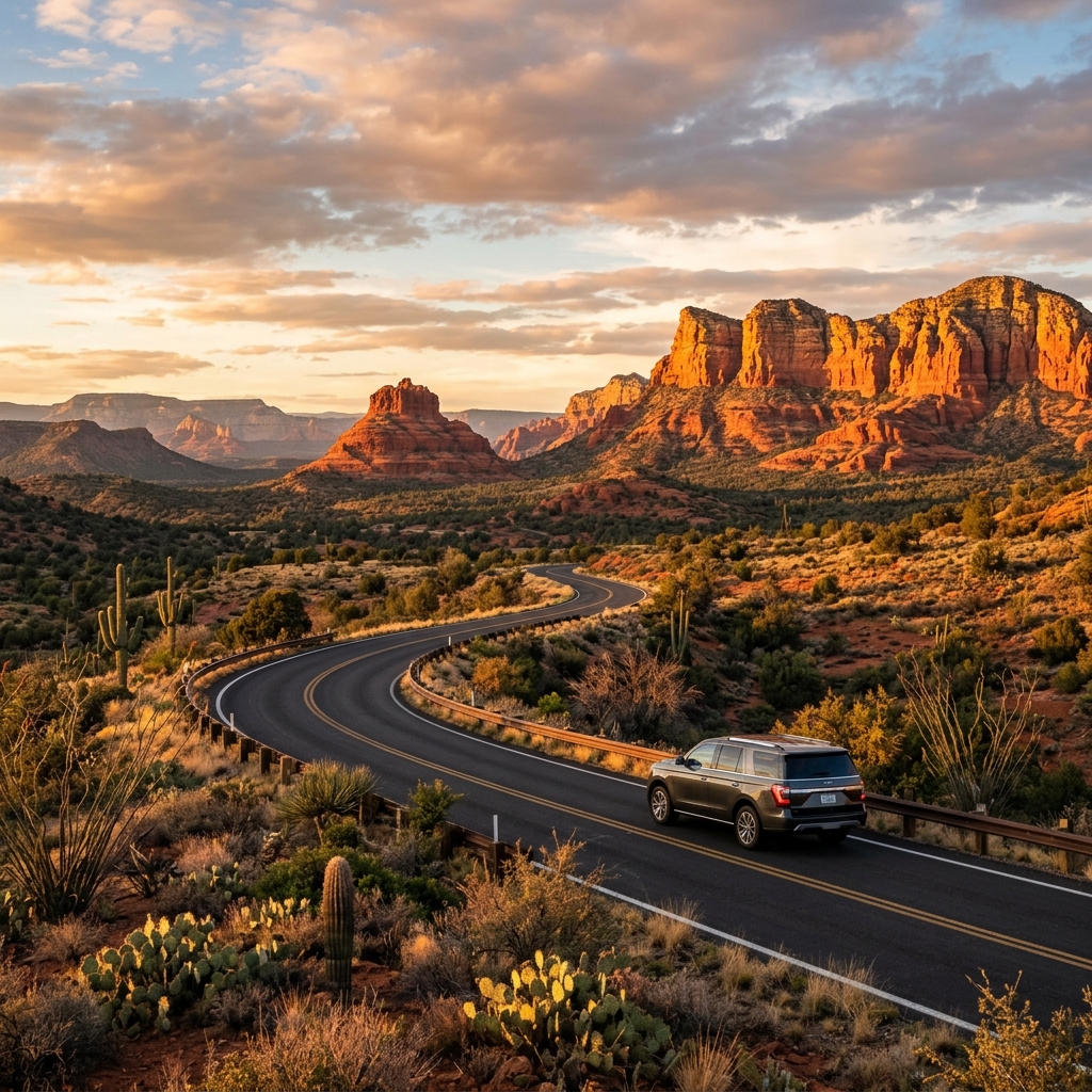 SUV driving along a winding desert road in Arizona with red rock cliffs glowing at sunset