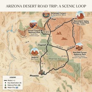 Clean infographic map showing an Arizona road trip loop through Phoenix, Sedona, Grand Canyon, Page, Monument Valley, and Petrified Forest