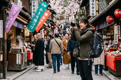 First-time solo traveler exploring a temple street in Japan with a camera and daypack