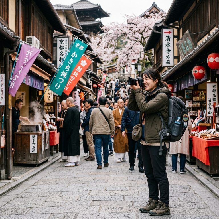 First-time solo traveler exploring a temple street in Japan with a camera and daypack