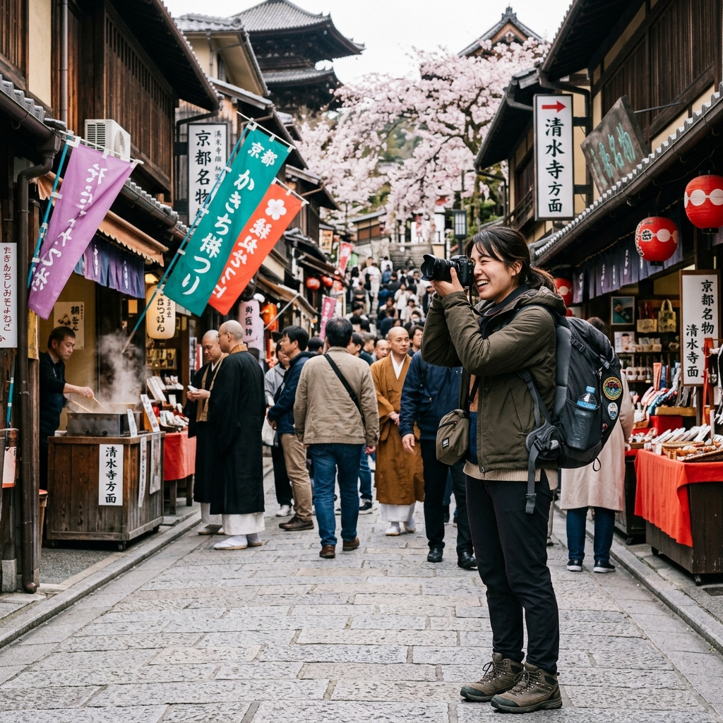 First-time solo traveler exploring a temple street in Japan with a camera and daypack