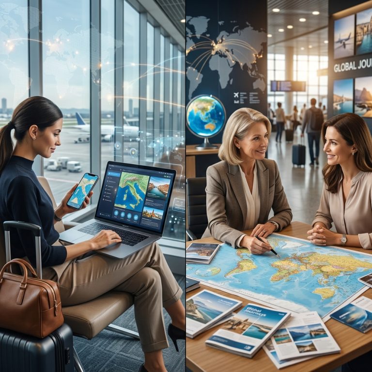 AI travel assistants vs travel agents comparison showing digital travel planning and human travel expertise