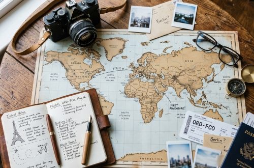 World map with a notebook and camera used for planning a first international trip abroad
