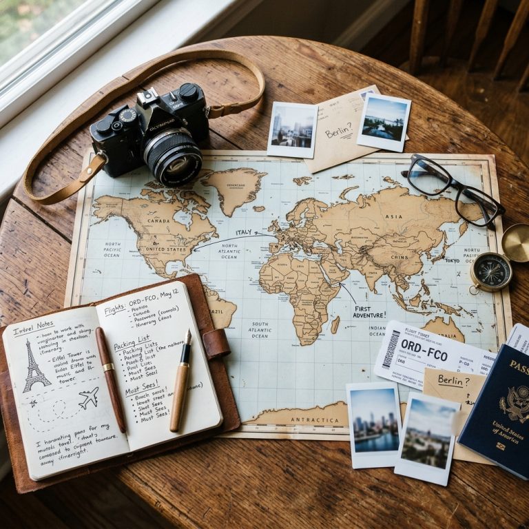 World map with a notebook and camera used for planning a first international trip abroad