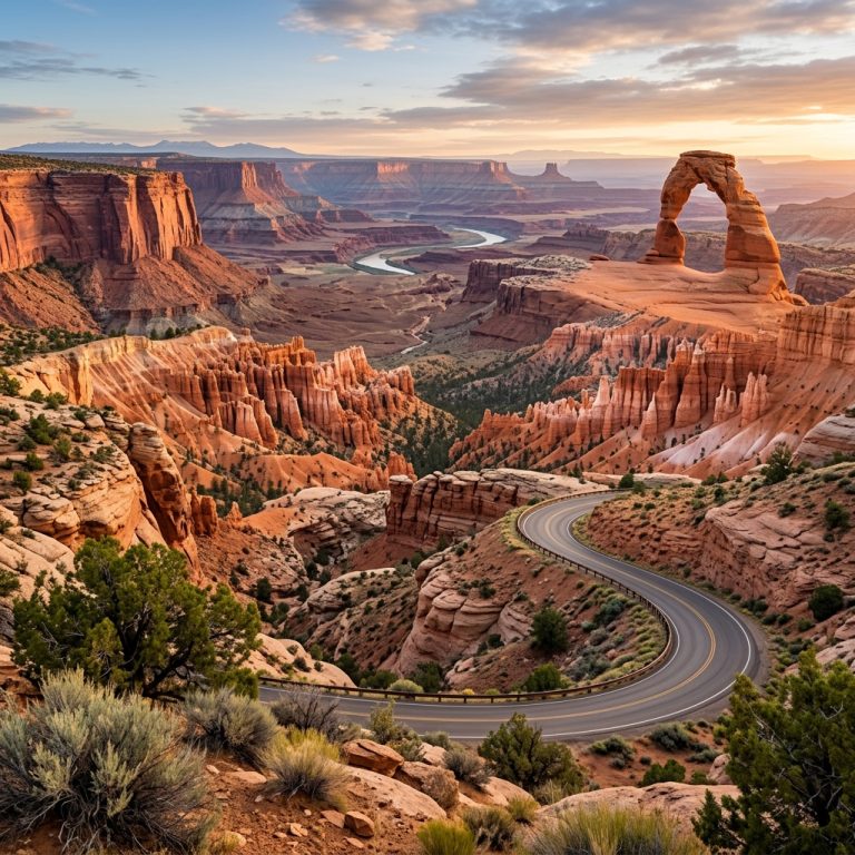 Scenic Utah National Parks landscape featuring red rock cliffs, natural arches, desert canyons, and Mighty 5 road trip views