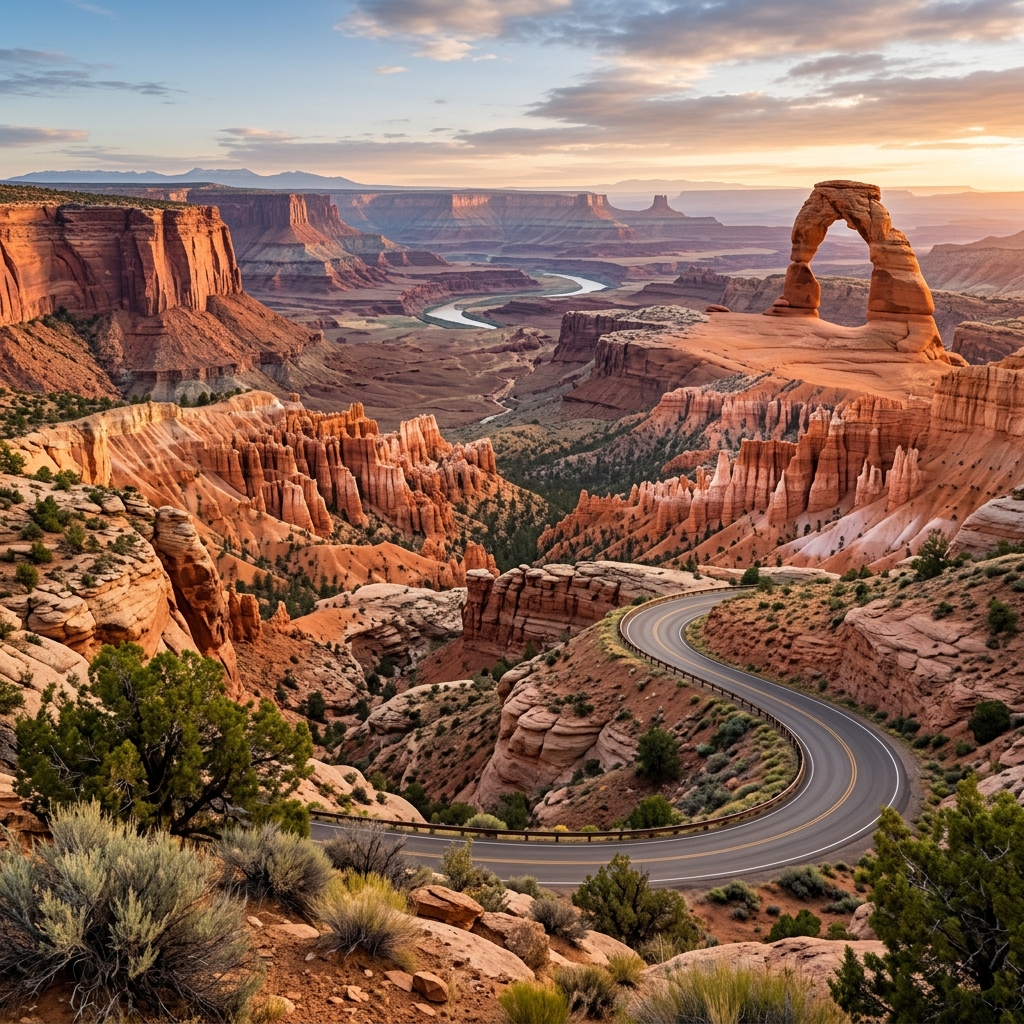 Scenic Utah National Parks landscape featuring red rock cliffs, natural arches, desert canyons, and Mighty 5 road trip views