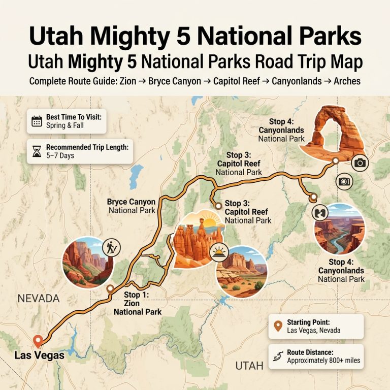 Utah Mighty 5 National Parks road trip map showing Zion, Bryce Canyon, Capitol Reef, Canyonlands and Arches route