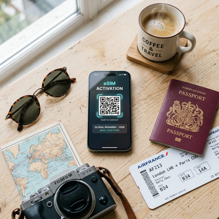 Smartphone showing eSIM QR code setup surrounded by passport and travel items for international travel