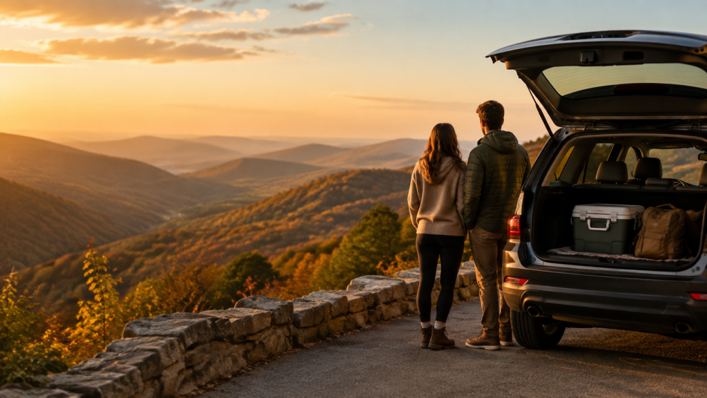Couple beside a car at a golden-hour mountain overlook on a budget weekend road trip.