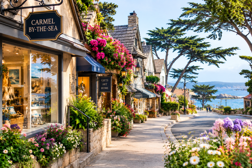 Carmel-by-the-Sea village street with colorful flowers, boutique shops, and ocean views